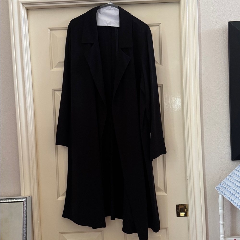 Eileen Fisher Silk Georgette Crepe Black Elegant Open Front Minimalist Topper L